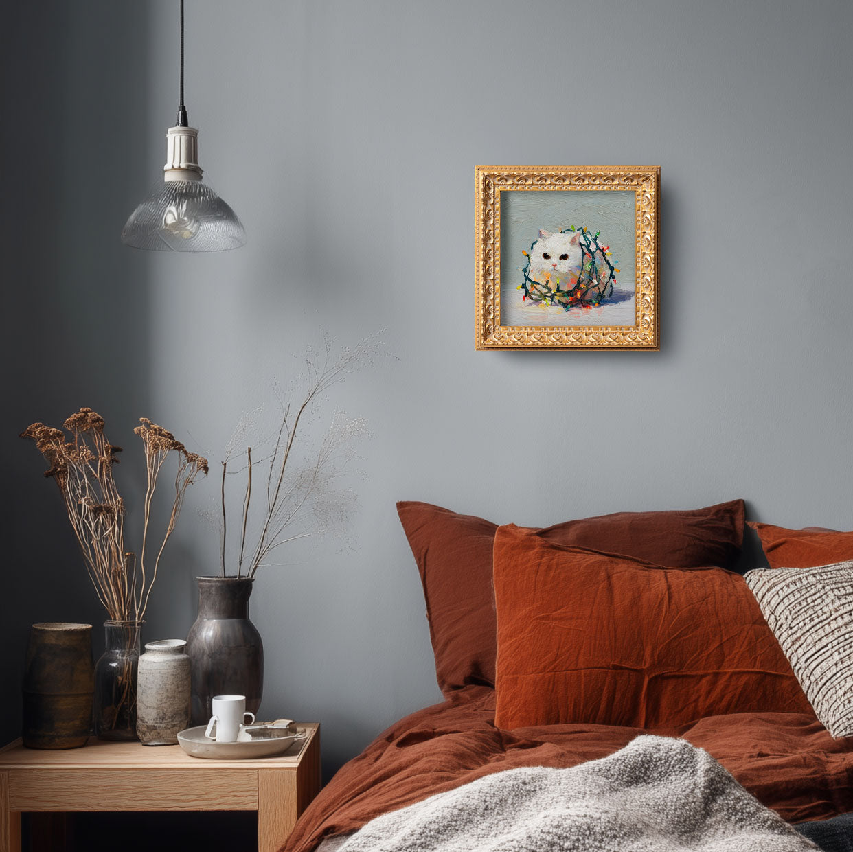 Small Christmas Lights Cat Oil Painting, Original Hand Painted, Custom Kitty Portrait, Holiday Wall Art, Winter Decor, Christmas Gift