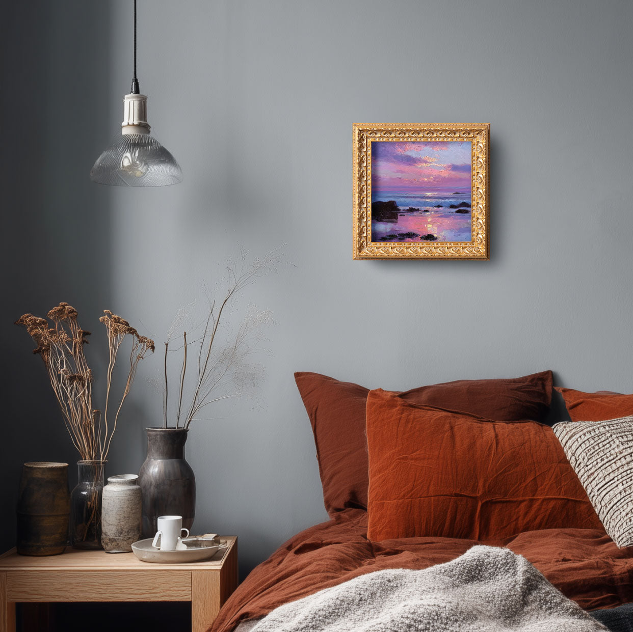 Small Coastal Sunset Oil Painting, Original Hand Painted, Landscape Wall Art, 5X5 Winter Decor, Abstract Artwork, Christmas Gift for Friends