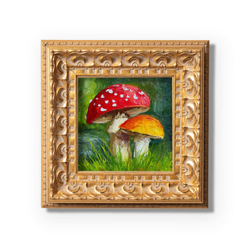 Original Red Mushroom Oil Painting, Whimsical Forest Wall Art, Hand Painted Ornate Gold Frame Home Decor, Quirky Living Room Decoration, Gift For Friends