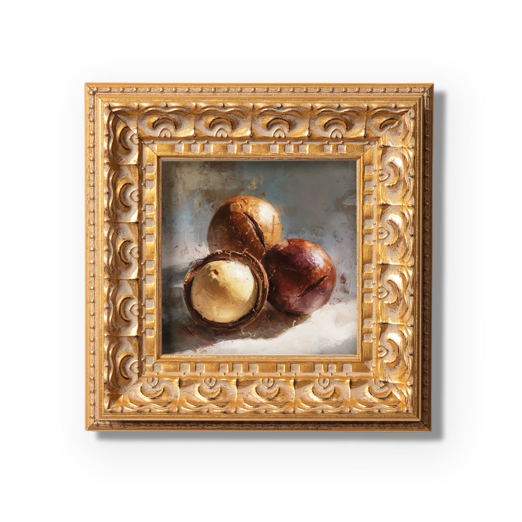 Still life Macadamia Nuts Oil Painting, Small Original Art, Hand Painted Artwork, Wall Art Decor, Gift for Friends, 5X5 Gold Framed