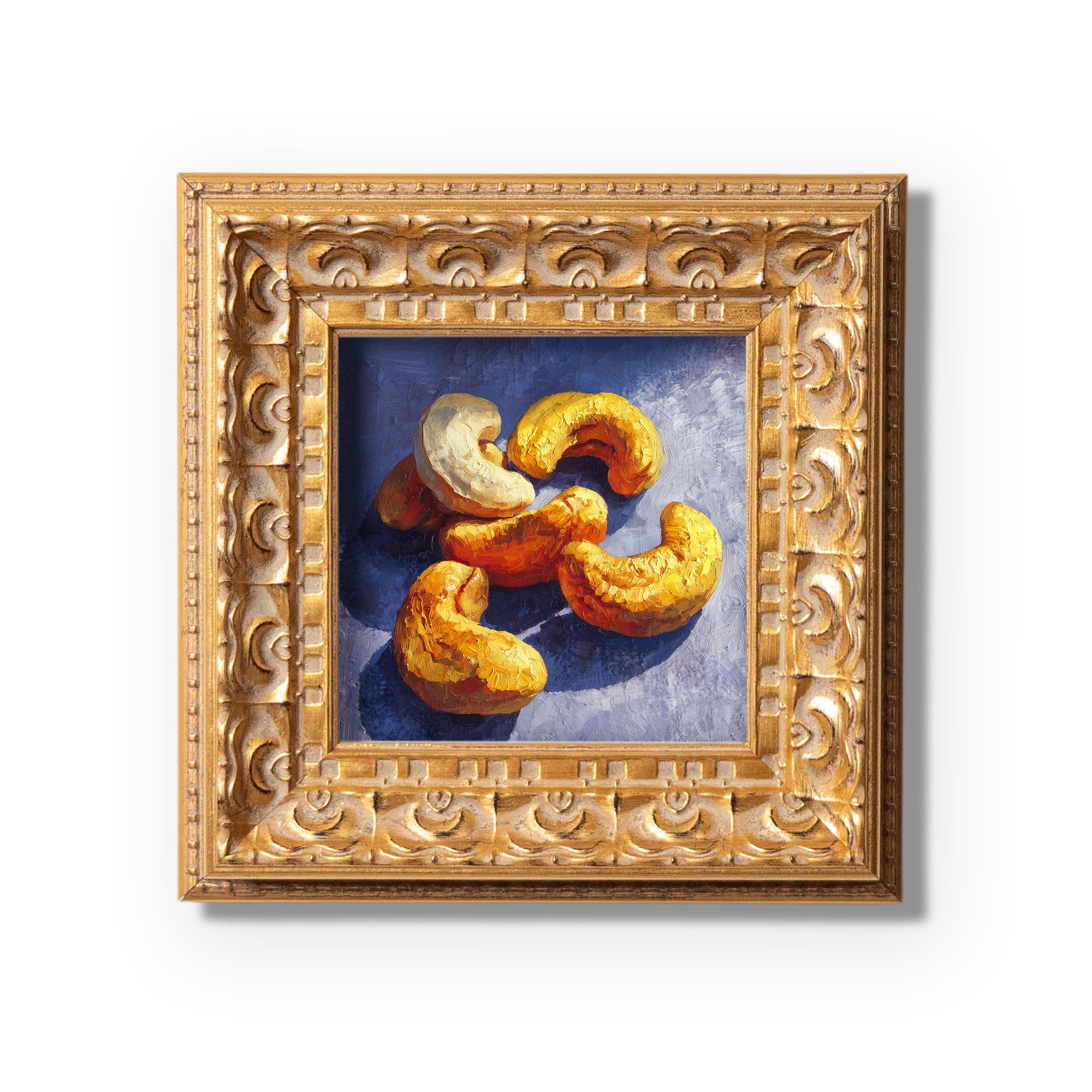 Still life Cashews Oil Painting, Small Original Hand Painted Art, Dining Room Wall Art Decor, Gift for Friends, 5X5 Gold Framed Artwork