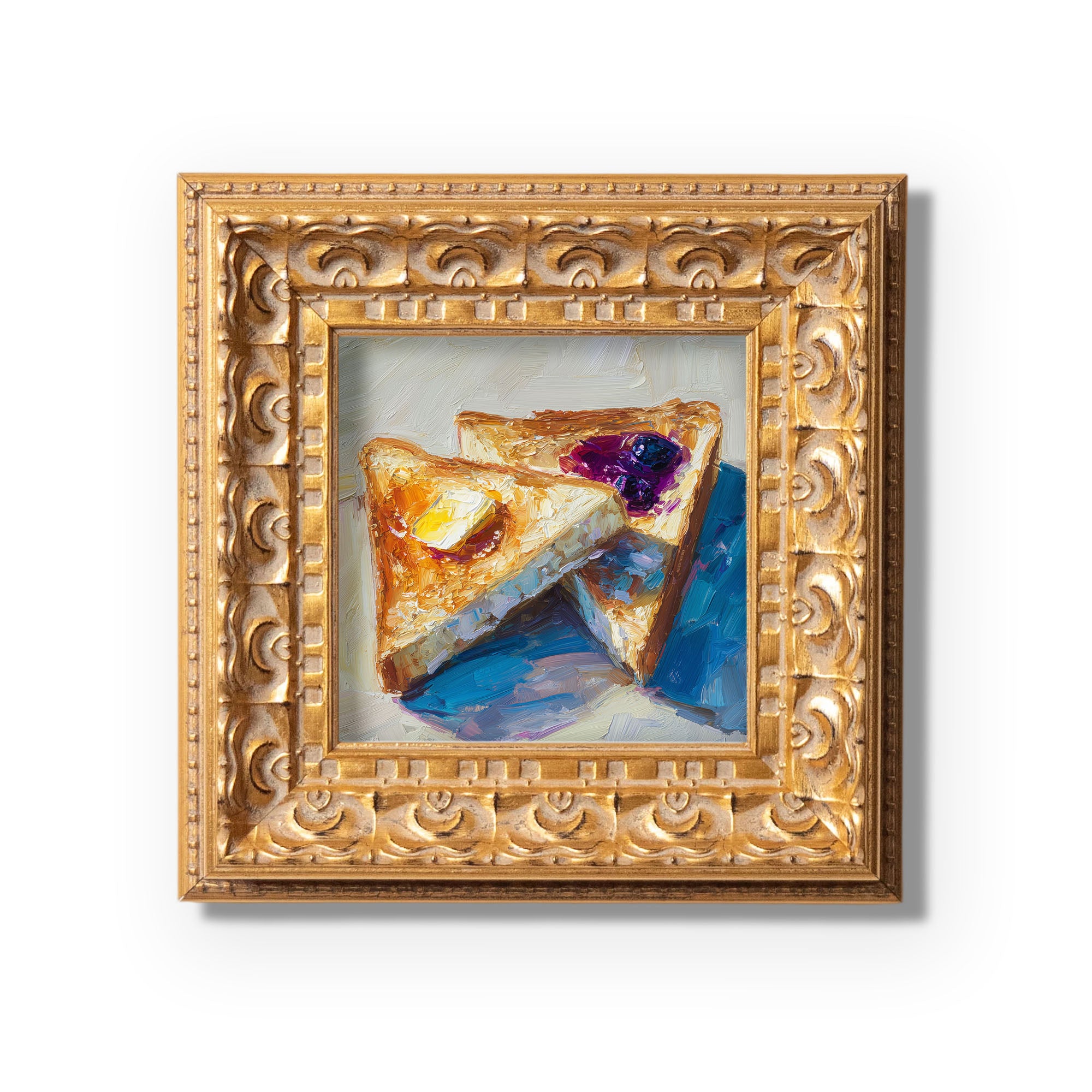 Still life Oil Painting, Original Hand Painted Art,  Wall Art Decor, Gift for Friends, Small 5X5 Gold Framed Artwork, Sauced Toast