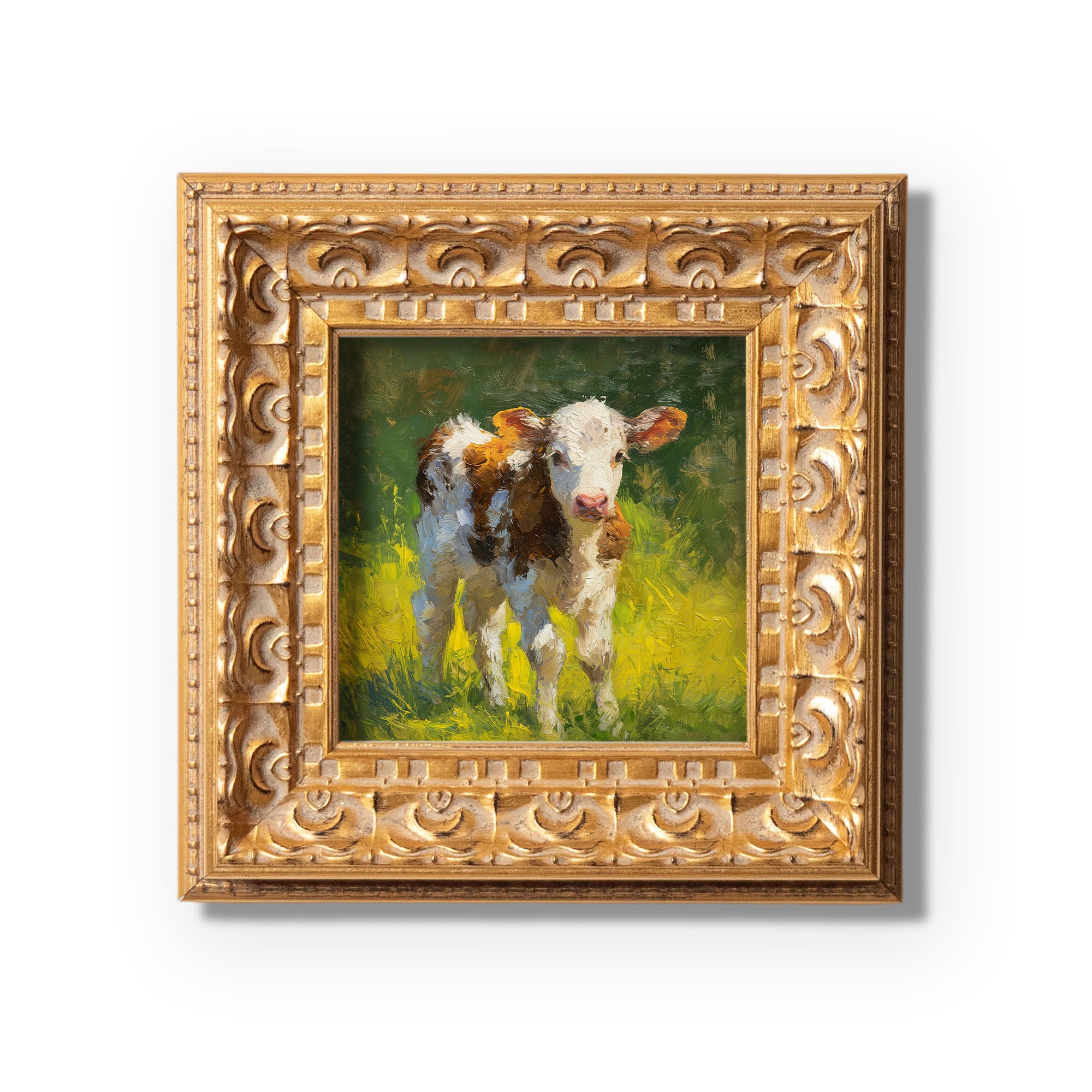 Hand Panted Calf Oil Painting, Small Original Art, Rustic Wall Art Decor, 5X5 Gold Framed Artwork, Still life Wildlife, Gift for friends