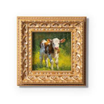 Hand Panted Calf Oil Painting, Small Original Art, Rustic Wall Art Decor, 5X5 Gold Framed Artwork, Still life Wildlife, Gift for friends