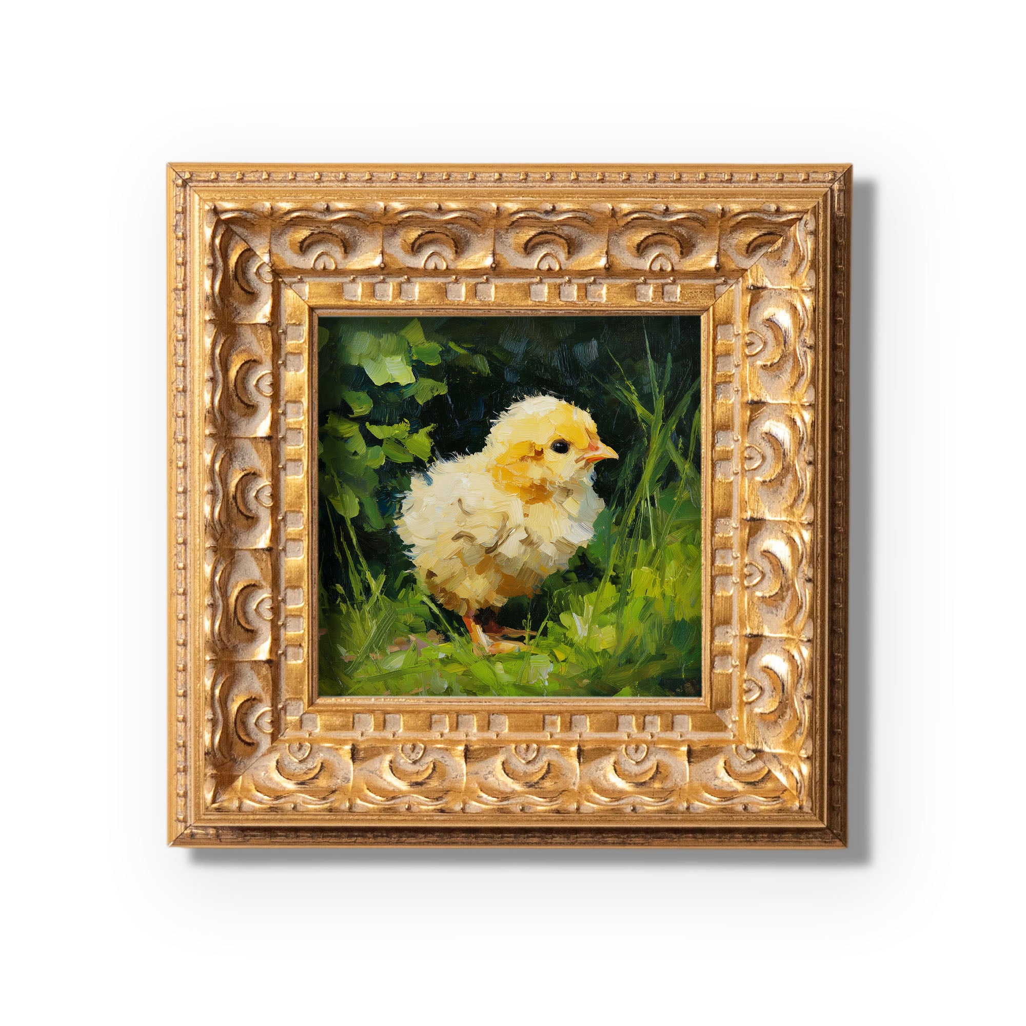 Hand Panted Chick Oil Painting, Original Art, Living Room Wall Art Decor, 5X5 Gold Framed Artwork, Still life Wildlife, Gift for friends