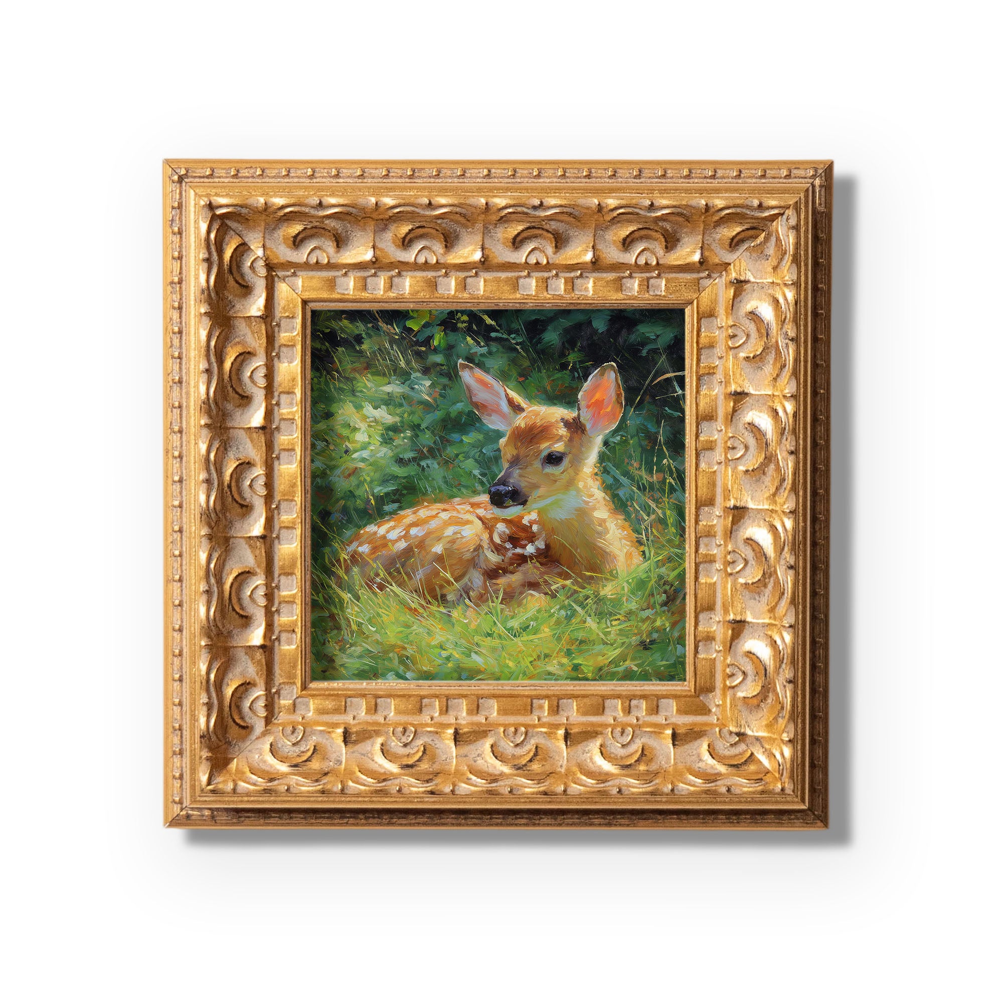 Hand Panted Fawn Oil Painting, Original Art, Living Room Wall Art Decor, 5X5 Gold Framed Artwork, Still life Wildlife, Gift for friends