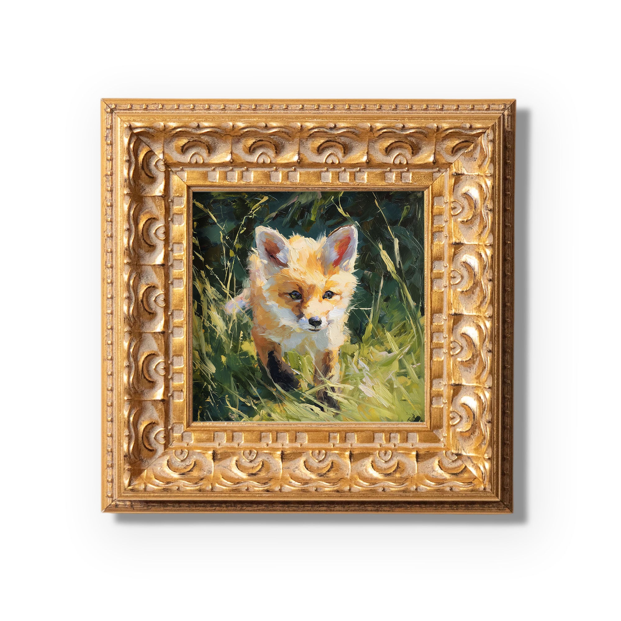 Hand Panted Fox Oil Painting, Original Art, Living Room Wall Art Decor, 5X5 Gold Framed Artwork, Still life Wildlife, Gift for friends