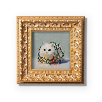 Small Christmas Lights Cat Oil Painting, Original Hand Painted, Custom Kitty Portrait, Holiday Wall Art, Winter Decor, Christmas Gift