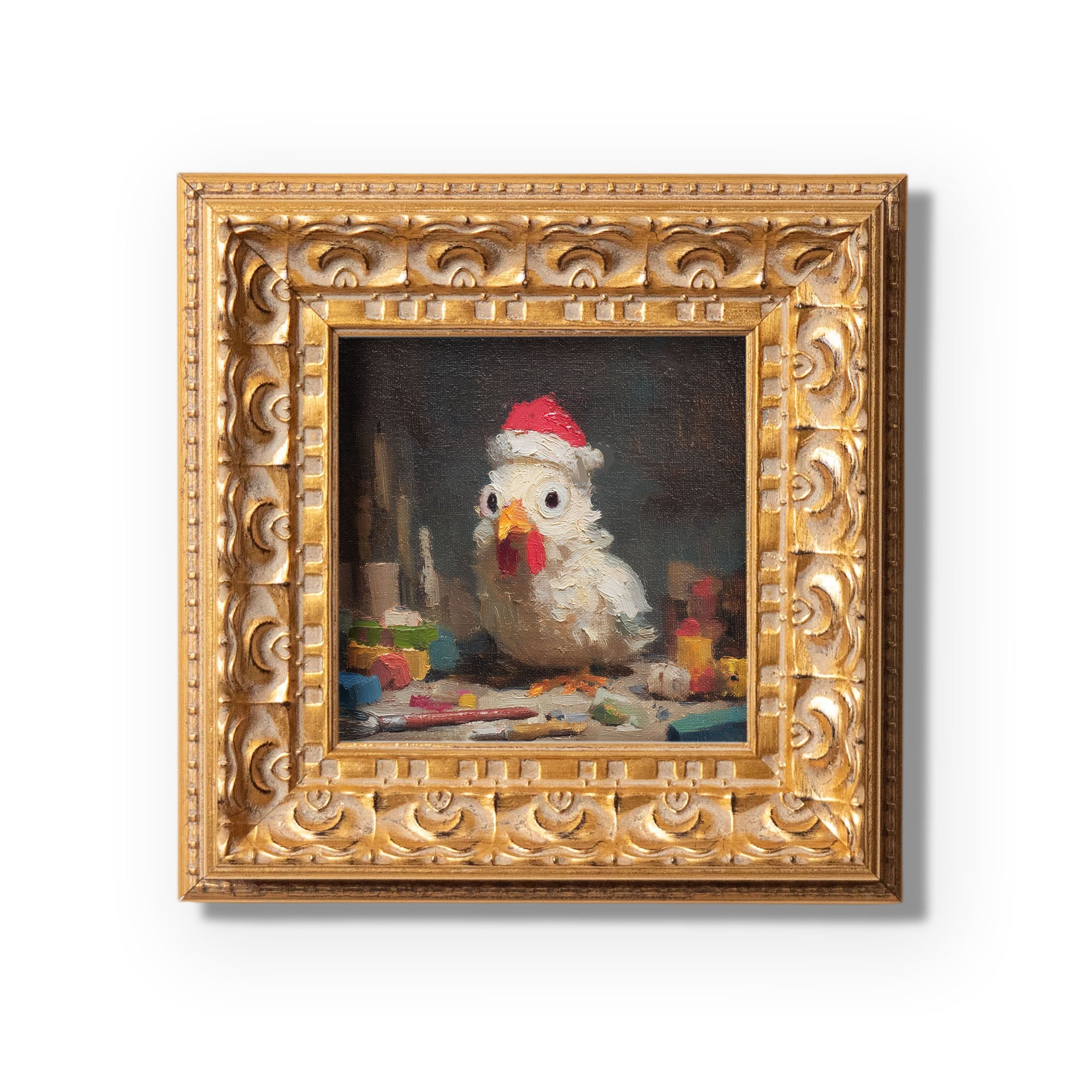 100% Hand Painted Santa Chicken Oil Painting, Original Art, Living Room Wall Art Decor, 5X5 Gold Framed Artwork, Christmas Gift for Friends