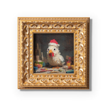100% Hand Painted Santa Chicken Oil Painting, Original Art, Living Room Wall Art Decor, 5X5 Gold Framed Artwork, Christmas Gift for Friends
