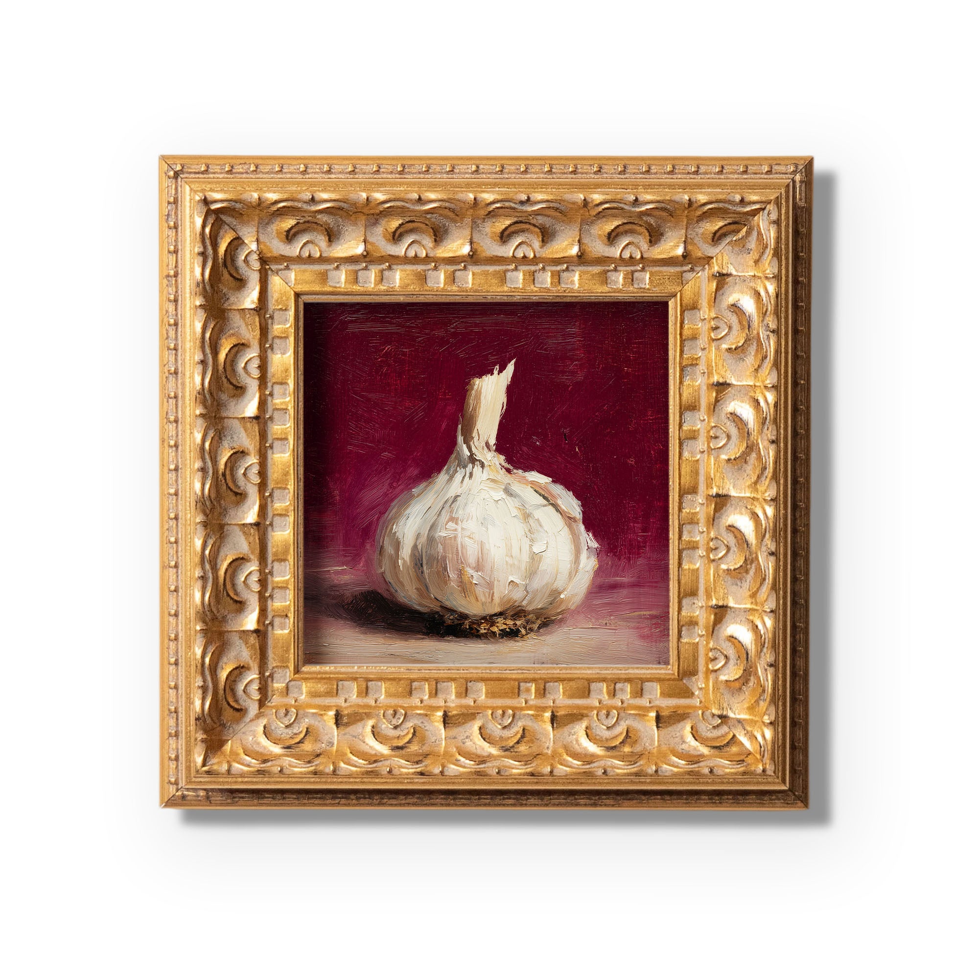 Original Garlic Oil Painting, Hand Painted Food Artwork, Still Life, Small Kitchen Wall Art Decor, Christmas Gift for Friends, Gold Frame