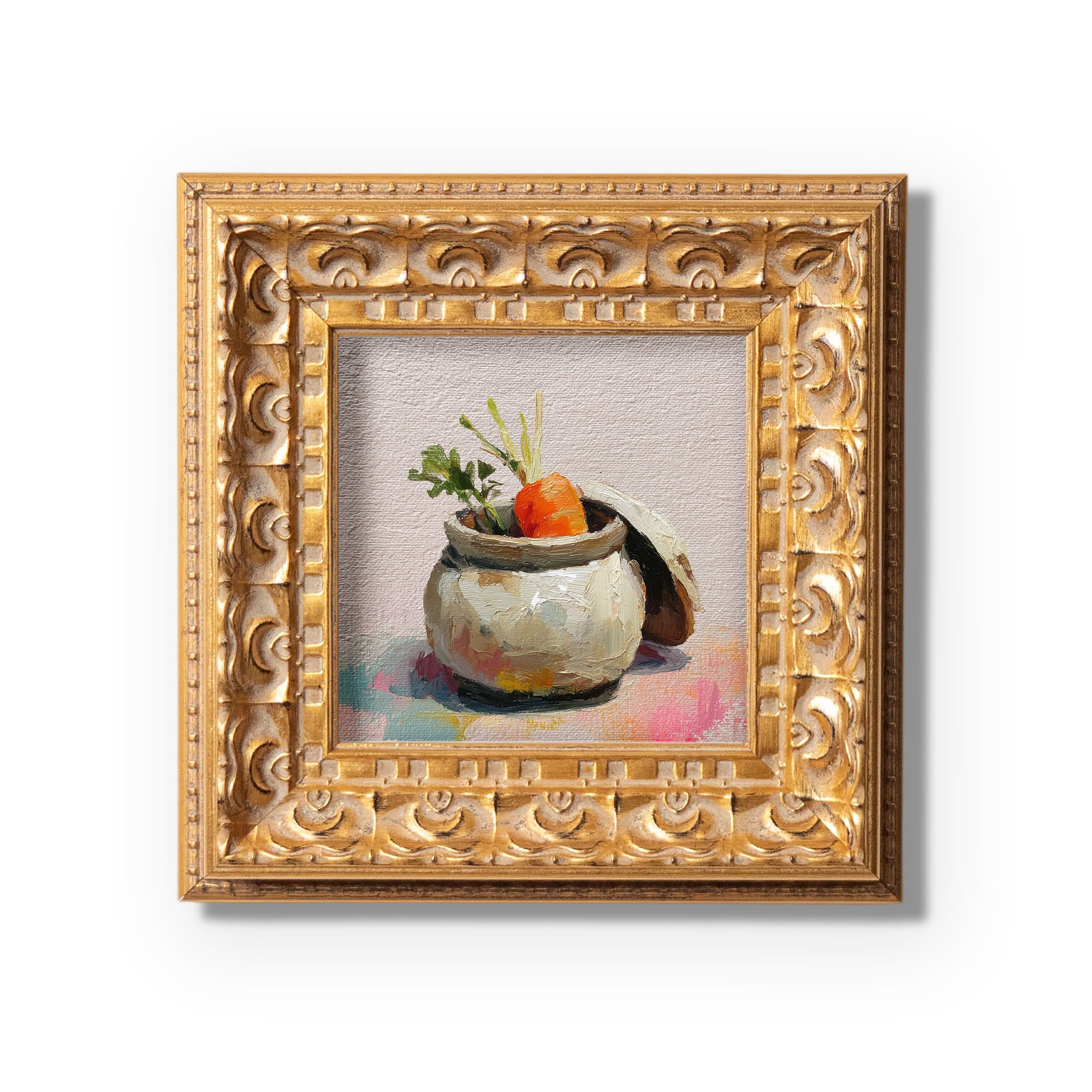 Original Oil Painting, Hand Painted Artwork, Still Life Food, Small Kitchen Wall Art Decor, Christmas Gift for Friend, Carrot in Ceramic Jar