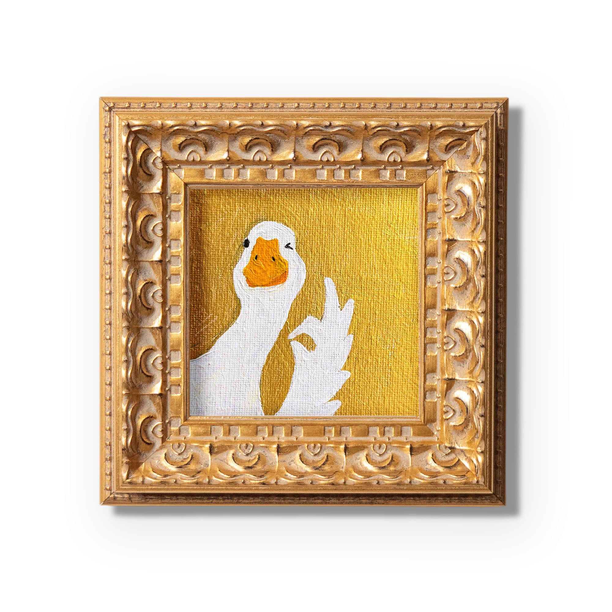 Small Original Hand Panted, Okay Goose Oil Painting, Living Room Wall Art Decor, 5X5 Gold Framed Artwork, Christmas Gift for Friends