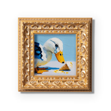 Small Original Hand Painted, Crying Duck Oil Painting, Living Room Wall Art Decor, 5X5 Gold Framed Artwork, Christmas Gift for Friends