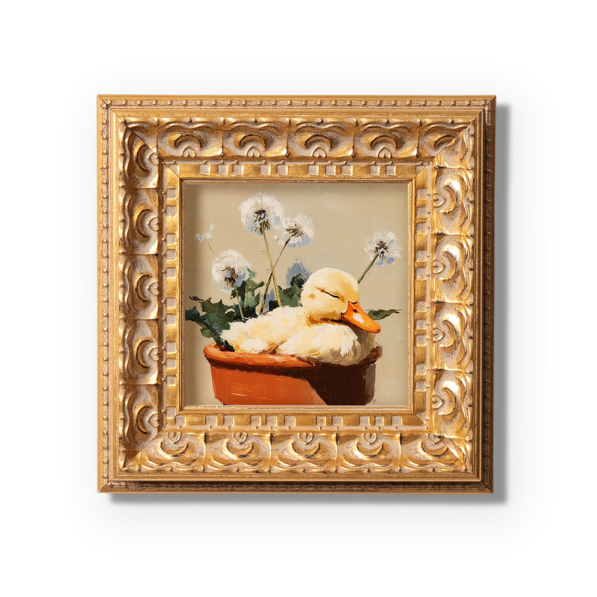 Small Original Hand Painted, Duckling in Flower Pot Oil Painting, Living Room Wall Art Decor, 5X5 Gold Framed Artwork, Christmas Gift