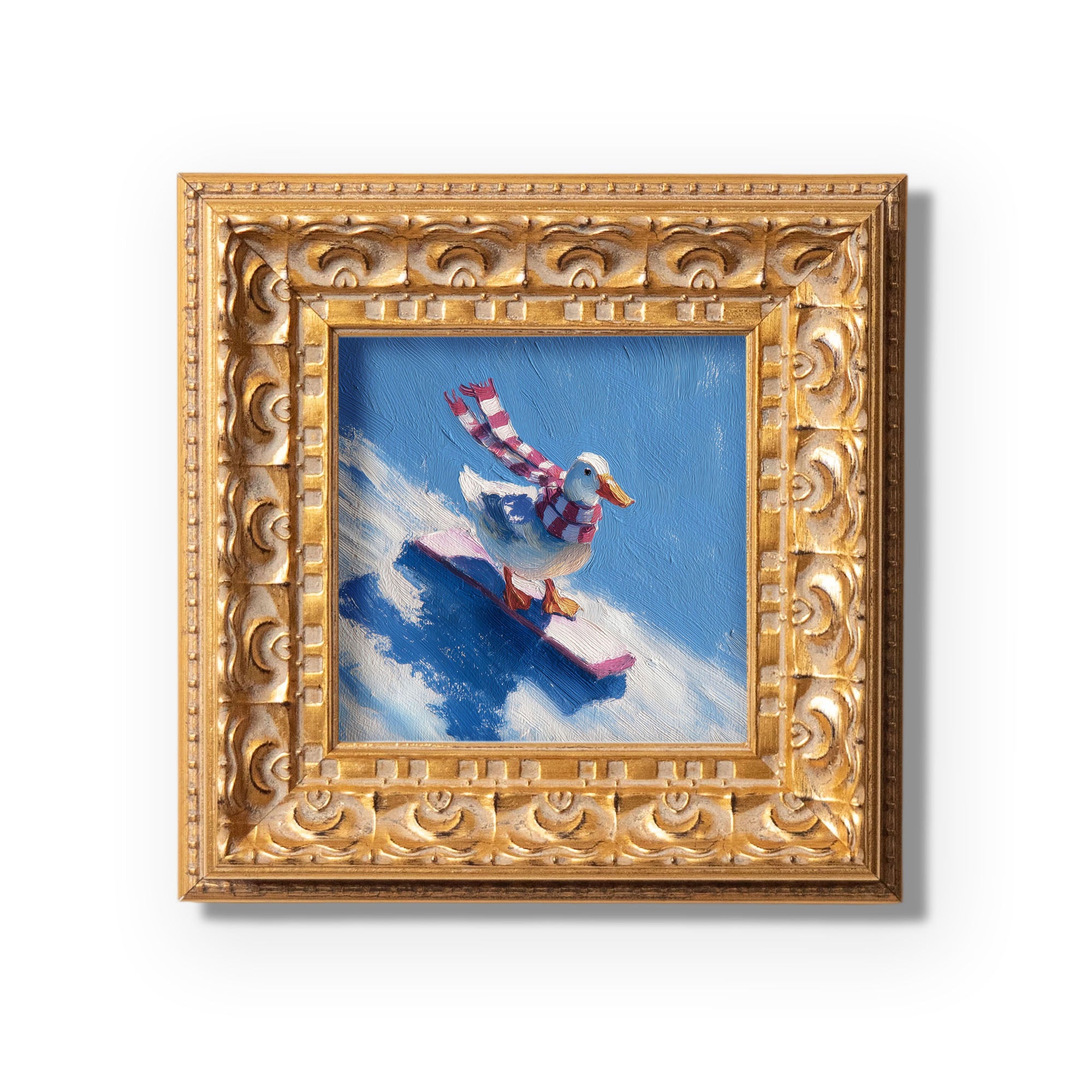 Small Original Hand Painted, Duck Snowboarding Oil Painting, Living Room Wall Art Decor,5X5 Gold Framed Artwork, Christmas Gift for Friends
