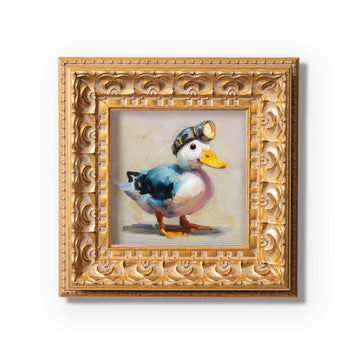 Small Original Hand Painted, Brave Duck Oil Painting, Living Room Wall Art Decor, 5X5 Gold Framed Artwork, Christmas Gift for Friends