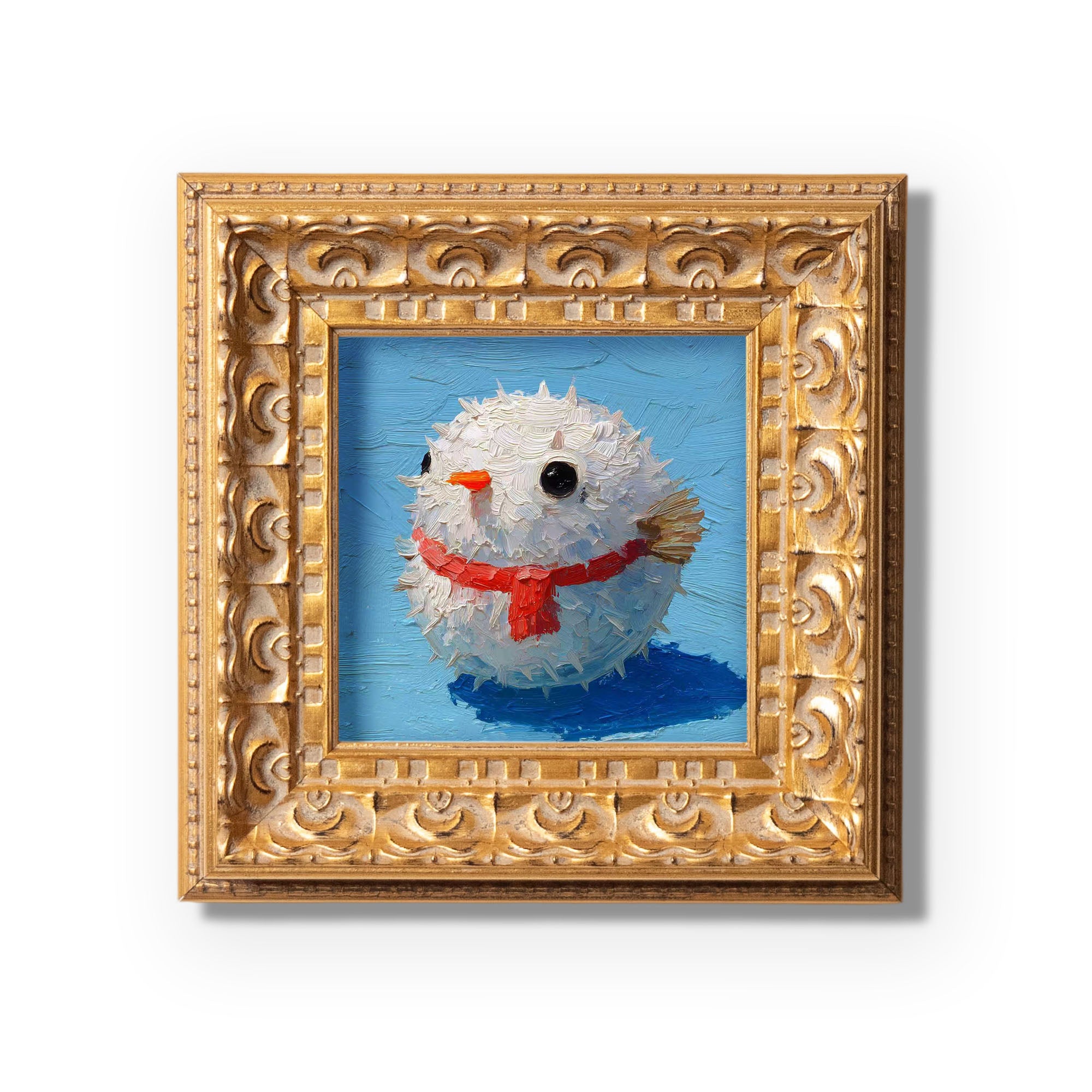 Small Pufferfish Oil Painting, Original Hand Painted Artwork, Holiday Wall Art Decor, 5X5 Gold Framed Art, Christmas Gift for Friends