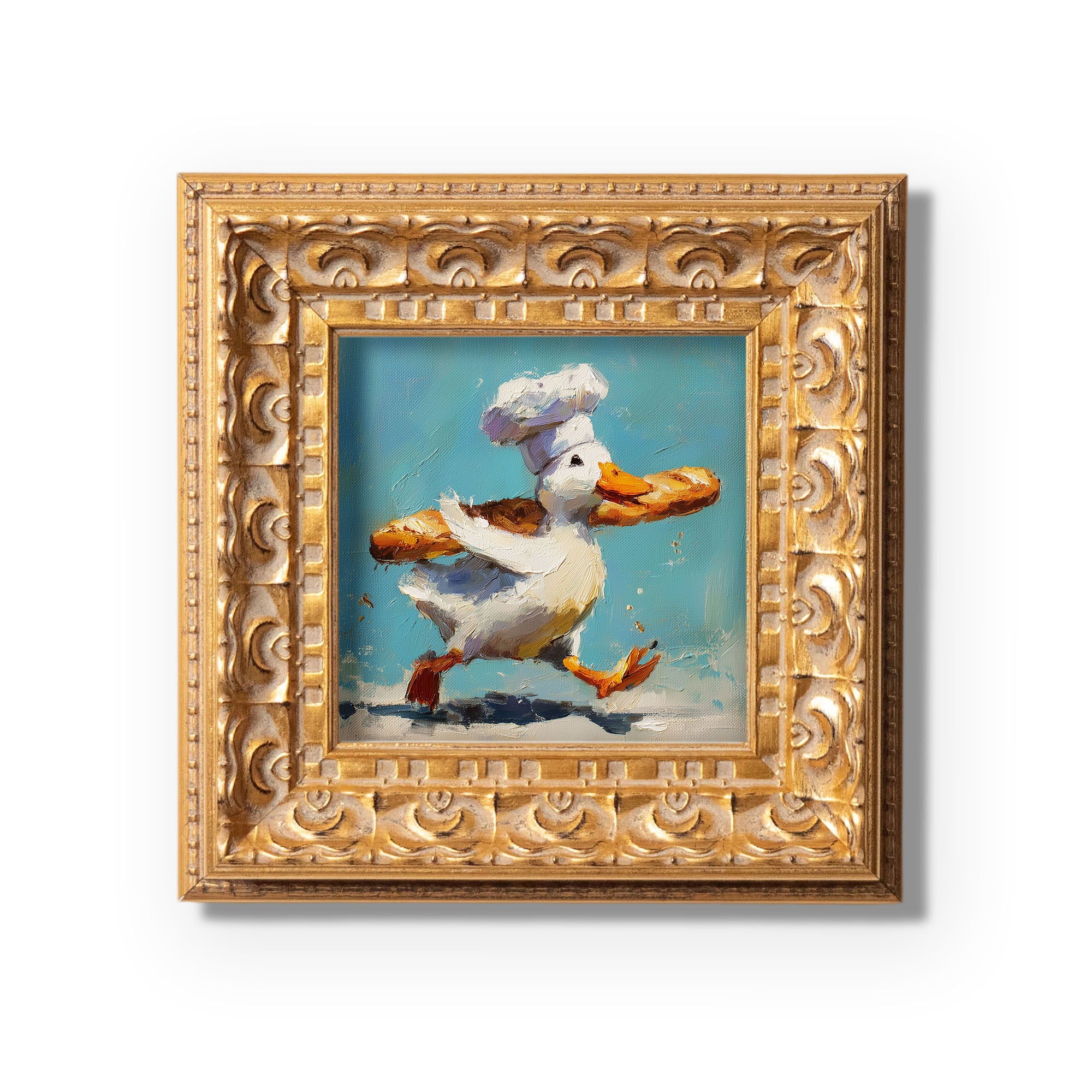 Small Original Hand Painted, Chef Duck Oil Painting, Living Room Wall Art Decor, 5X5 Gold Framed Artwork, Christmas Gift for Friends