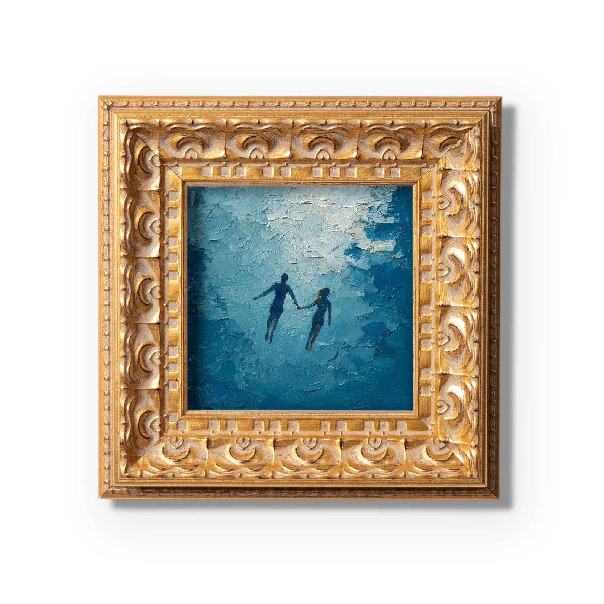 Original Hand Painted Figure, Mini Oil Painting, Romantic Couple Wall Art Decor, Small 5x5 Gold Framed, Valentine Gift, Swimming Couple
