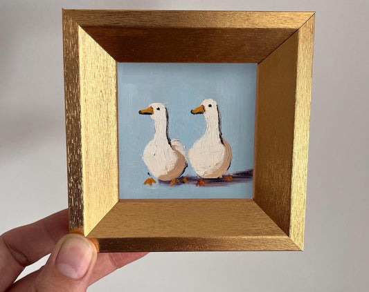 Hand-Painted Mini Oil Painting of Two Ducks