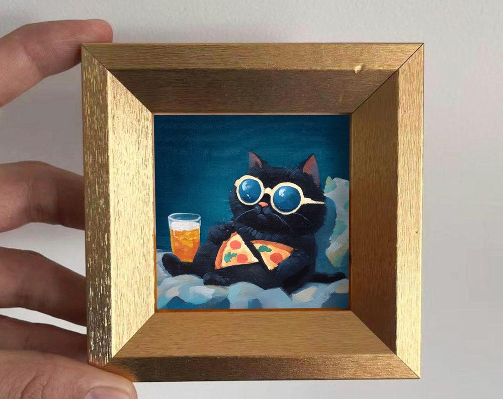 Mini Black Cat Oil Painting in Gold Frame