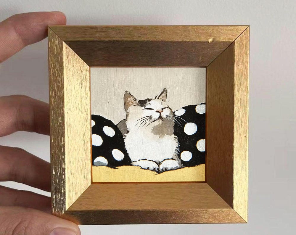 Mini Relaxed Cat Oil Painting in Gold Frame