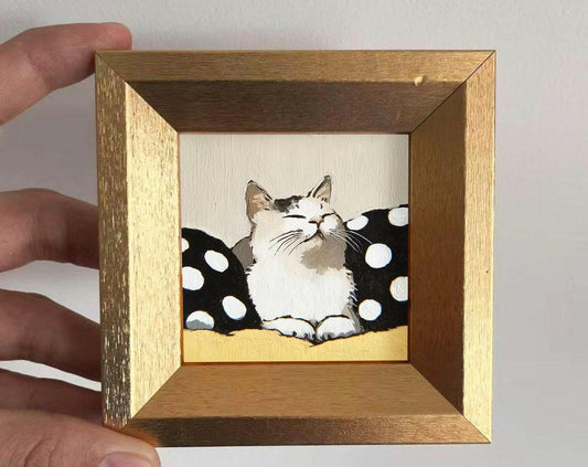 Mini Relaxed Cat Oil Painting in Gold Frame